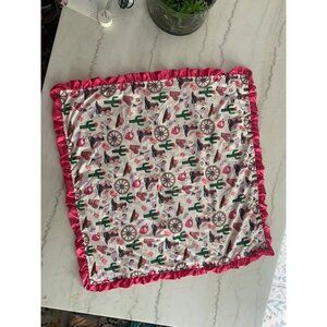 Western-Themed Baby Blanket With Pink Ruffle Edges & Minky Backing 35x35